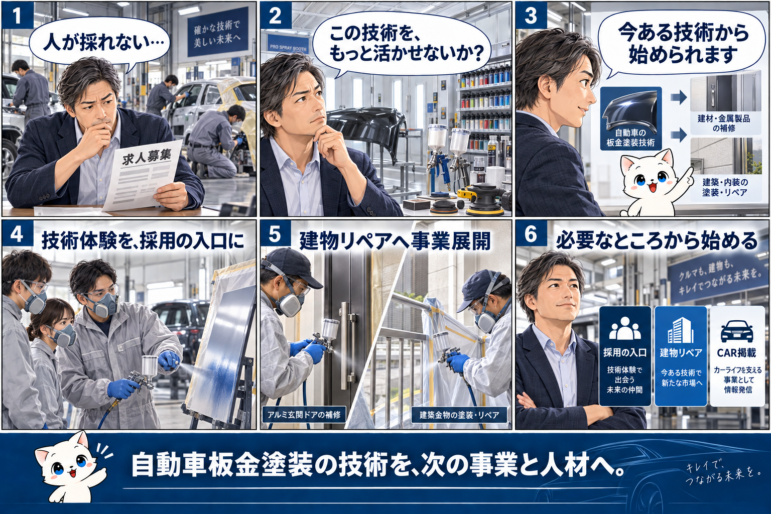 自動車板金塗装会社の技術を採用の入口づくり、建物リペア、CAR掲載へ活かす流れを説明する漫画